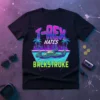 T-Rex Hates Backstroke T-Shirt with a cartoon T-Rex swimming in a pool, retro neon colors