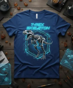 T-Rex Skeleton T-Shirt featuring a detailed dinosaur fossil skeleton with futuristic neon blue circuit board design elements