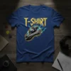 T-SHIRT text in distressed gold with a powerful, flexing arm graphic surrounded by blue lightning