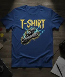 T-SHIRT text in distressed gold with a powerful, flexing arm graphic surrounded by blue lightning