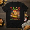 T.A.C.O Trump Always Chickens Out t-shirt design featuring a cartoon chicken-like Donald Trump in a taco with American flag background