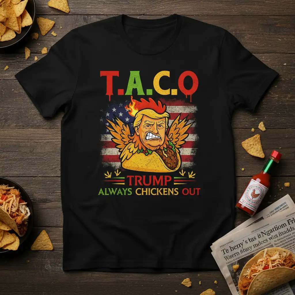T.A.C.O Trump Always Chickens Out political humor t-shirt with cartoon chicken Trump in taco graphic