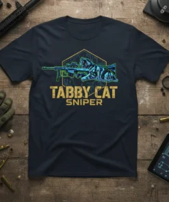 Tabby Cat Sniper T-Shirt design featuring a tabby cat with a sniper rifle, set against a hexagonal background with circuit