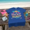 Tacky Tourist retro-inspired t-shirt design with a vibrant cityscape and palm trees
