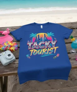 Tacky Tourist retro-inspired t-shirt design with a vibrant cityscape and palm trees