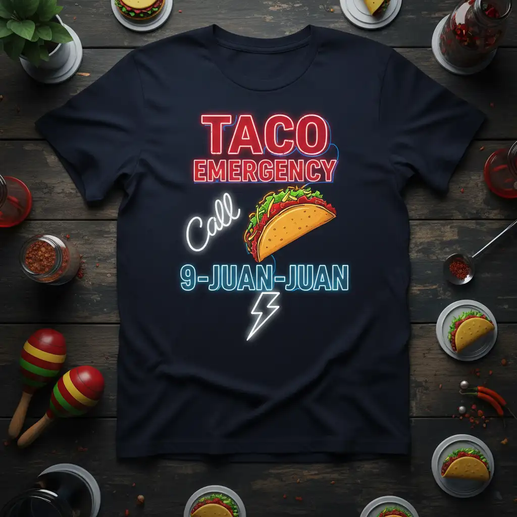 TACO EMERGENCY Call 9-JUAN-JUAN humorous phrase with taco graphic on a navy blue tee