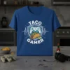 Taco Gamer T-Shirt design featuring a taco and video game controller inside a shield with a heartbeat line