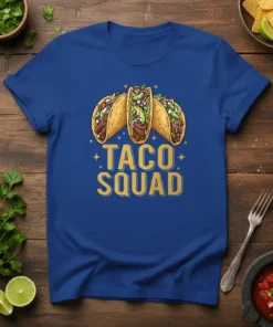 Taco Squad t-shirt featuring three illustrated tacos and gold lettering. The design is on a royal blue t-shirt