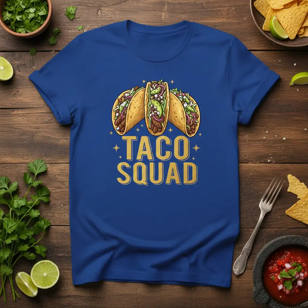 Taco Squad graphic tee with three colorful tacos and golden text, perfect for Mexican food fans