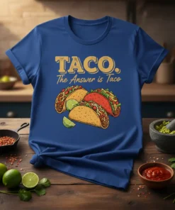 Taco The Answer is Taco T-Shirt with graphic of three tacos and lime slices