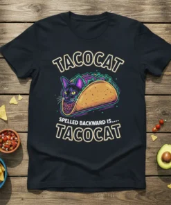 Black t-shirt with "TACOCAT SPELLED BACKWARD IS.... TACOCAT" text and a black cat inside a taco graphic
