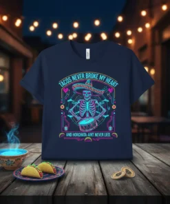Tacos Never Broke My Heart And Horchata Aint Never Lied text on a t-shirt featuring a skeleton playing a drum