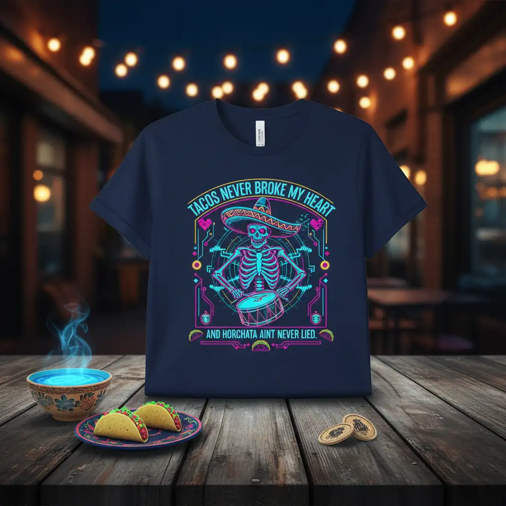 Tacos Never Broke My Heart And Horchata Aint Never Lied quote on t-shirt with skeleton drummer graphic