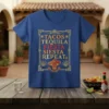 Tacos Tequila Fiesta Siesta Repeat graphic tee with a skull wearing a sombrero and maracas