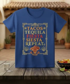 Tacos Tequila Fiesta Siesta Repeat graphic tee with a skull wearing a sombrero and maracas