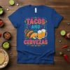 Tacos and Cervezas text design with tacos and beer mugs illustration on a blue t-shirt
