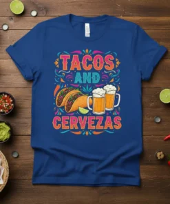Tacos and Cervezas text design with tacos and beer mugs illustration on a blue t-shirt