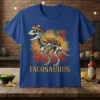 Tacosaurus Rex t-shirt design featuring a dinosaur skeleton wearing a sombrero and tacos on its back