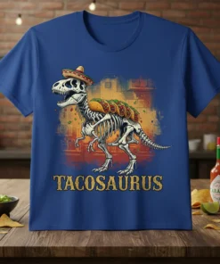Tacosaurus Rex t-shirt design featuring a dinosaur skeleton wearing a sombrero and tacos on its back