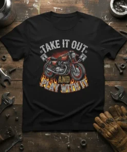 Motorcycle t-shirt design with text "TAKE IT OUT AND PLAY WITH IT" above a vintage motorcycle and flames