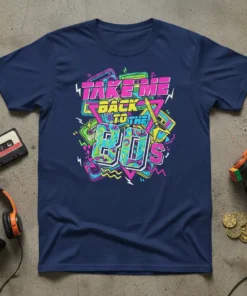 Take Me Back To The 80's graphic t-shirt design with cassette tapes, boomboxes, and neon colors