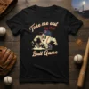 Retro baseball character running with text "Take me out to the Ball Game" on a black t-shirt