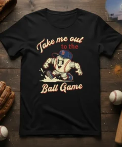 Retro baseball character running with text "Take me out to the Ball Game" on a black t-shirt