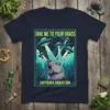 T-shirt design featuring a capybara being abducted by multiple UFOs with the text "Take Me To Your Grass" and "Capybara