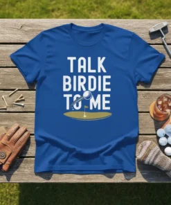 Blue t-shirt with white text "TALK BIRDIE TO ME" and a golf ball on a tee graphic