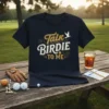 Navy t-shirt with "Talk Birdie To Me" text design and a flying bird graphic, suitable for golfers