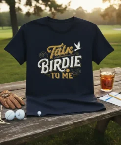 Navy t-shirt with "Talk Birdie To Me" text design and a flying bird graphic, suitable for golfers