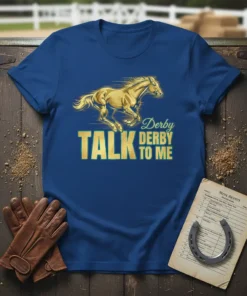 Blue t-shirt with "Talk Derby Derby To Me" text and a running horse graphic in gold