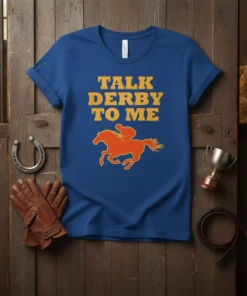 Talk Derby To Me text with a horse and jockey graphic on a blue t-shirt, ideal for horse racing fans