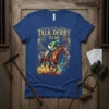 Talk Derby To Me t-shirt design featuring a jockey riding a horse in a race, with ornate gold accents