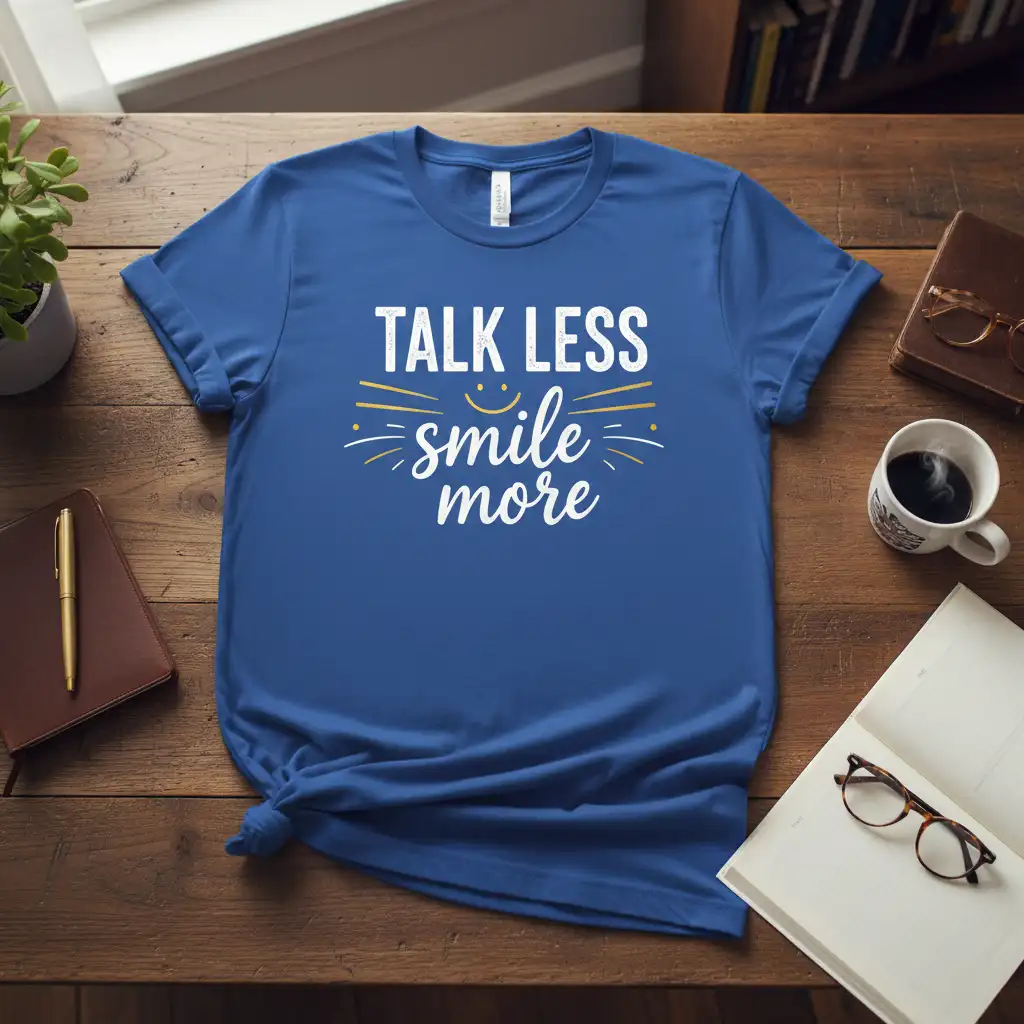 Talk Less Smile More quote tee featuring white text and a yellow smiley face, promoting a positive attitude