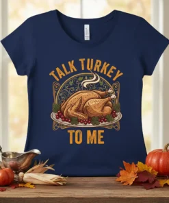 Talk Turkey To Me quote with a roasted turkey graphic on a navy blue t-shirt, perfect for Thanksgiving