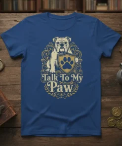 Talk To My Paw T-Shirt design featuring a bulldog holding a shield with a paw print and ornate gold accents
