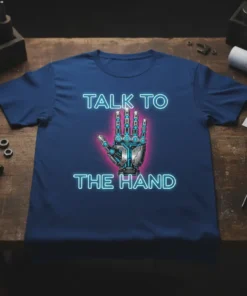 Talk To The Hand robotic hand design with neon blue text on a navy blue t-shirt