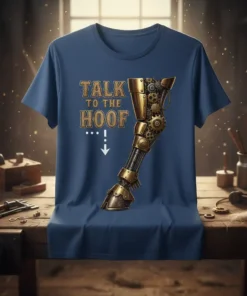Talk to the Hoof t-shirt design featuring a steampunk mechanical horse hoof graphic and distressed text