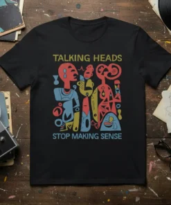 Black t-shirt featuring abstract colorful figures and the text "TALKING HEADS STOP MAKING SENSE"