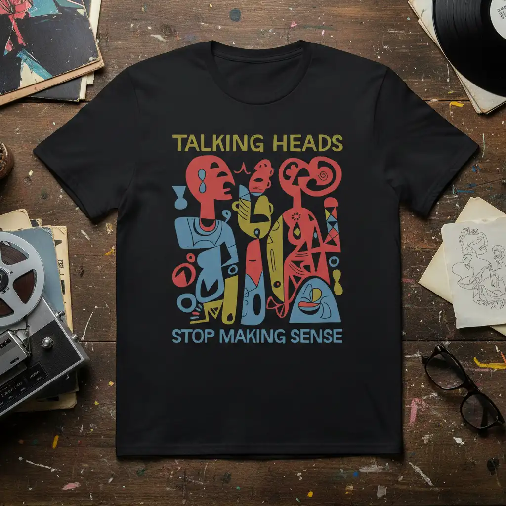 Talking Heads Stop Making Sense graphic tee with abstract figures and band names