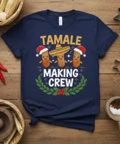 Tamale Making Crew text with cartoon tamales wearing Santa hats and a sombrero on a navy t-shirt