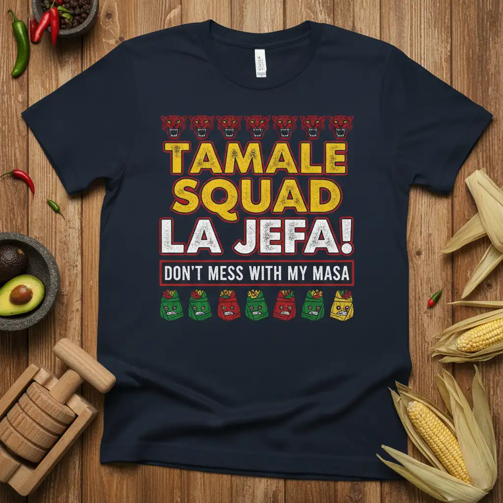 Tamale Squad La Jefa! Don't Mess With My Masa quote with tamale graphics on navy shirt
