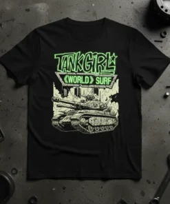 Tankgirl World Surf T-Shirt featuring a detailed illustration of a tank with neon green text and a retro design