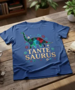 Tante Saurus Dinosaur T-Shirt with a geometric dinosaur graphic and glitter text, surrounded by floral accents