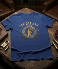 Blue t-shirt with "TAP DAT ASH" text and a vintage graphic of a hand holding a smoking cigar, surrounded by