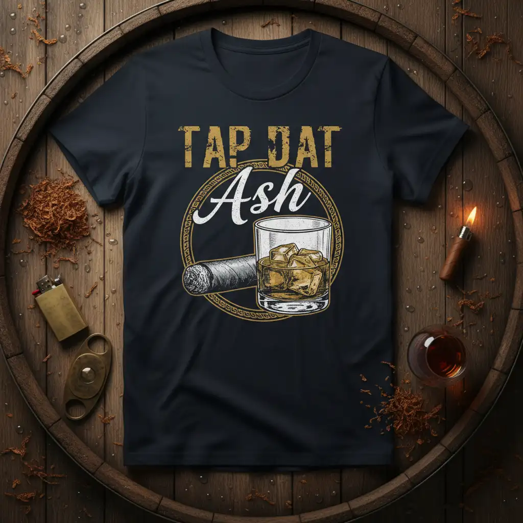 Tap Dat Ash quote t-shirt design with cigar and whiskey glass graphic