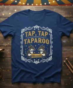 Tap, Tap Taparoo t-shirt design with two tapirs playing a xylophone, featuring circus-themed border and text