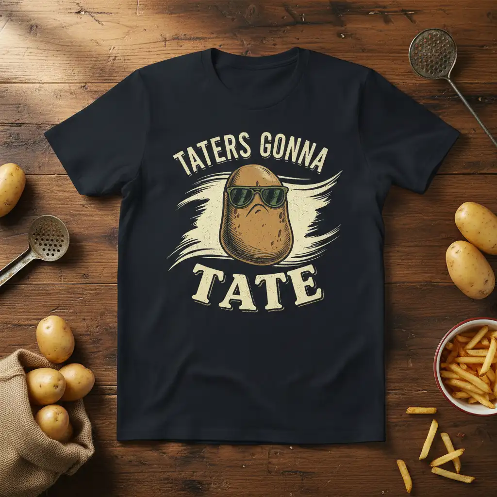 Taters Gonna Tate phrase on a t-shirt with a cartoon potato wearing sunglasses