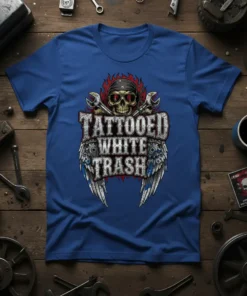 Tattooed White Trash text with skull, wrenches, and wings graphic on a blue t-shirt